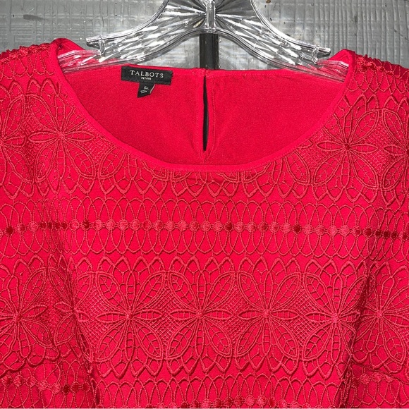 Talbots Petites lace top, bright red w/ see-through sleeves, zipper on left side - Picture 2 of 9